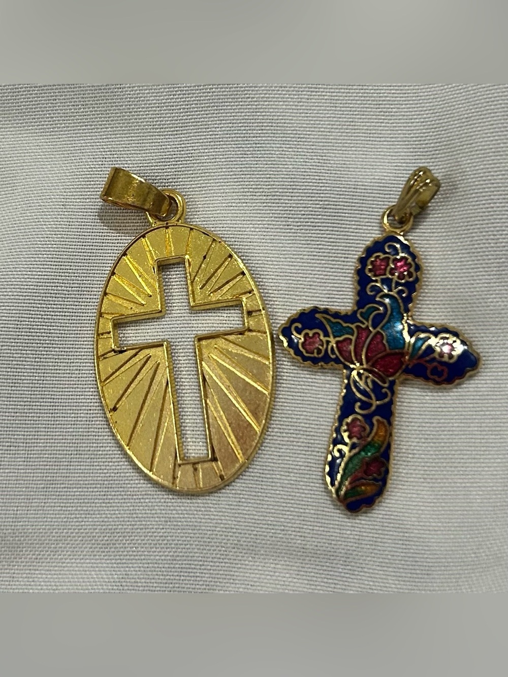 VINTAGE Gold Tone Cross Oval Pendant with Cutout AND Gold Tone Enamel Cross
